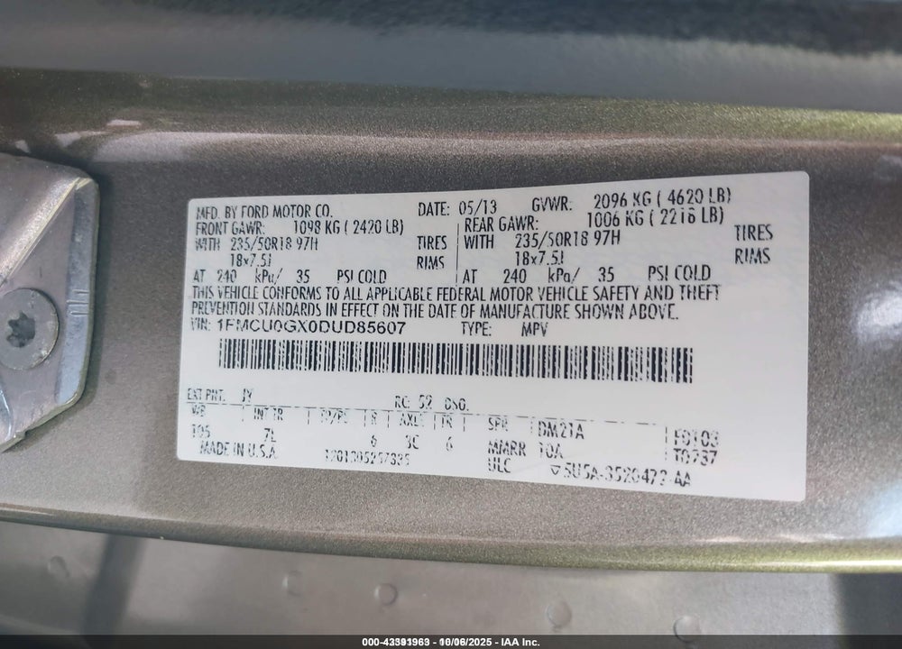 2013 FORD ESCAPE SE VIN: 1FMCU0GX0DUD85607