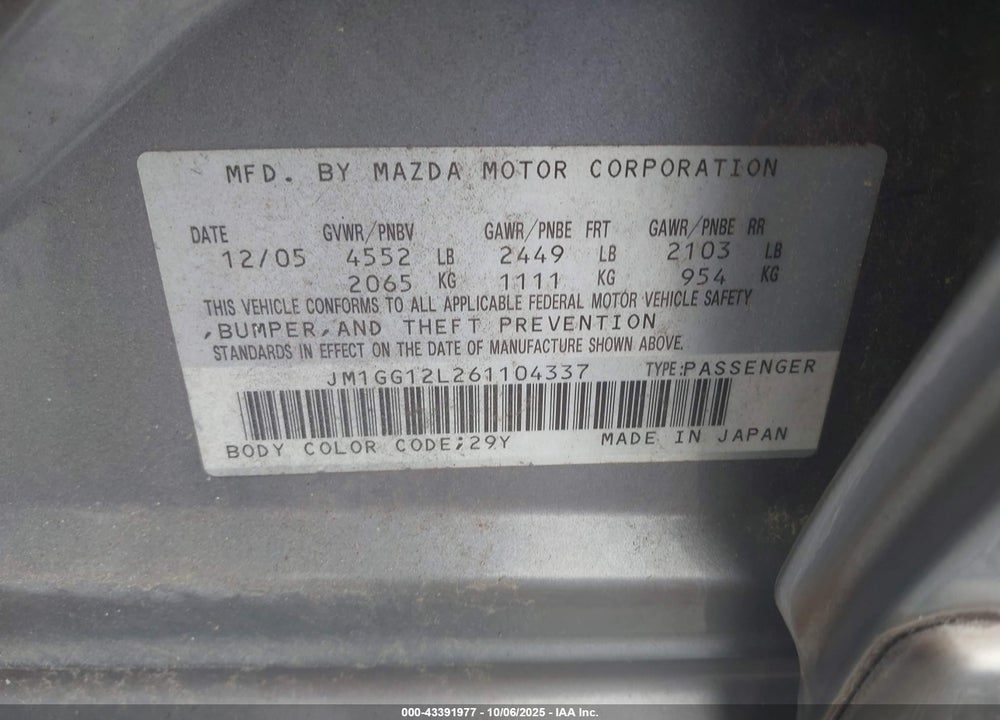 2006 MAZDA SPEED6 GRAND TOURING VIN: JM1GG12L261104337