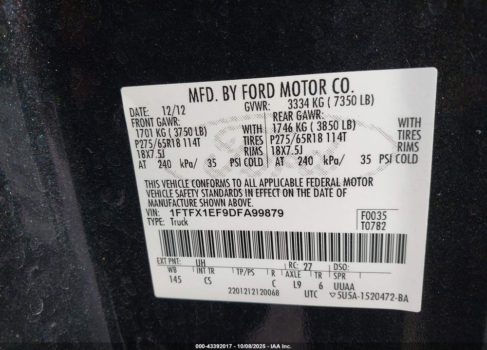 2013 FORD F-150 STX VIN: 1FTFX1EF9DFA99879