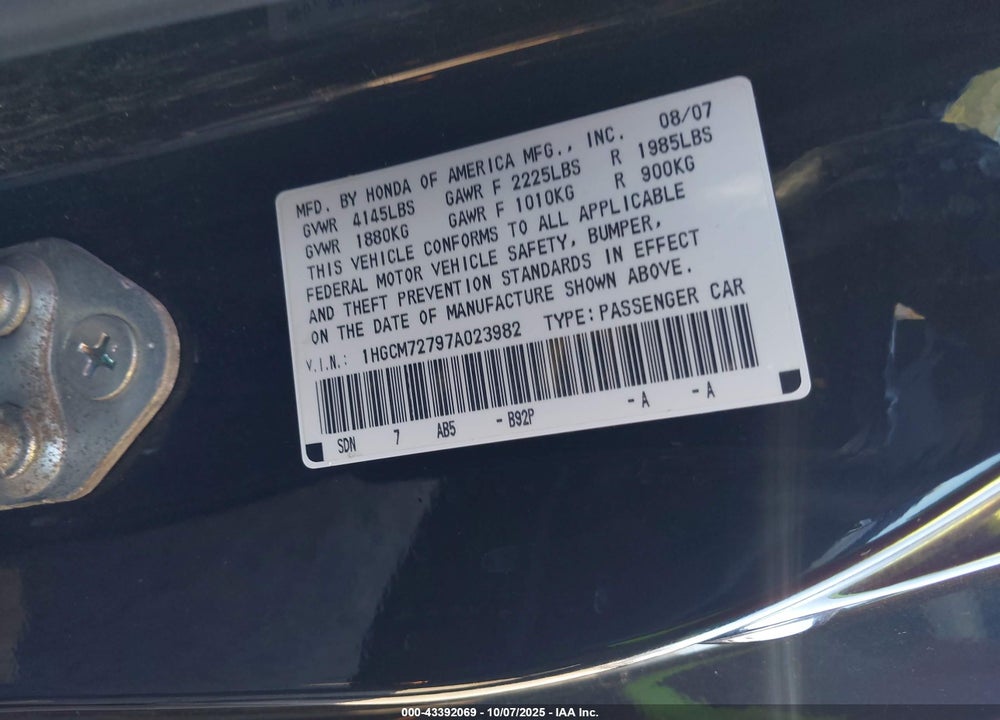 2007 HONDA ACCORD VIN: 1HGCM72797A023982