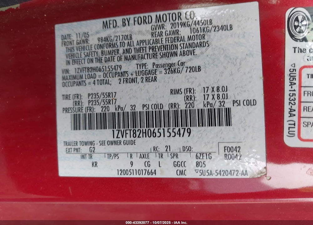 2006 FORD MUSTANG VIN: 1ZVFT82H065155479