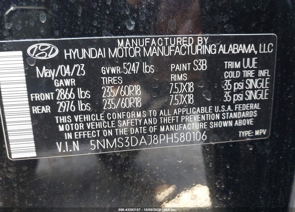 2023 HYUNDAI SANTA FE SEL VIN: 5NMS3DAJ8PH580106