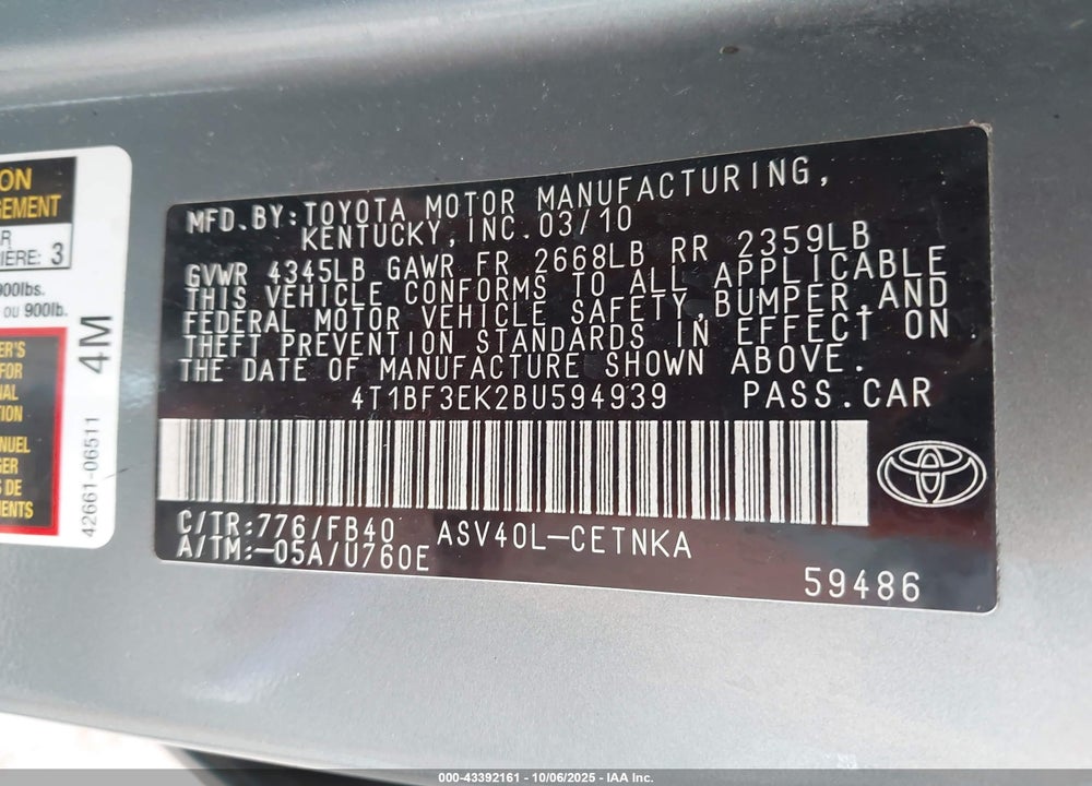 2011 TOYOTA CAMRY VIN: 4T1BF3EK2BU594939