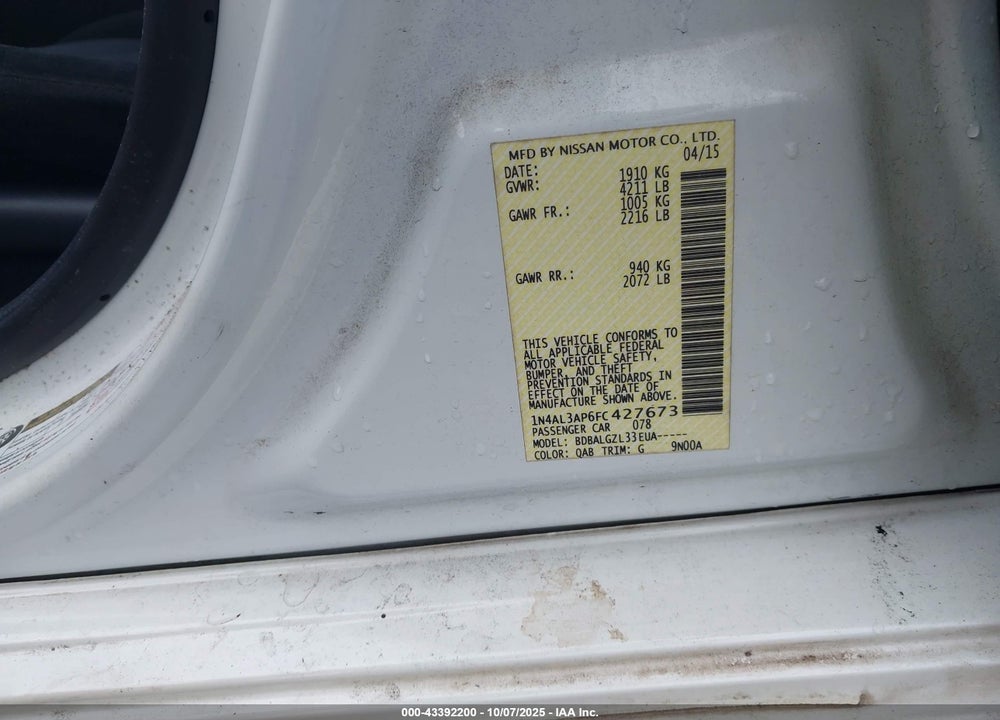 2015 NISSAN ALTIMA 2.5 S VIN: 1N4AL3AP6FC427673