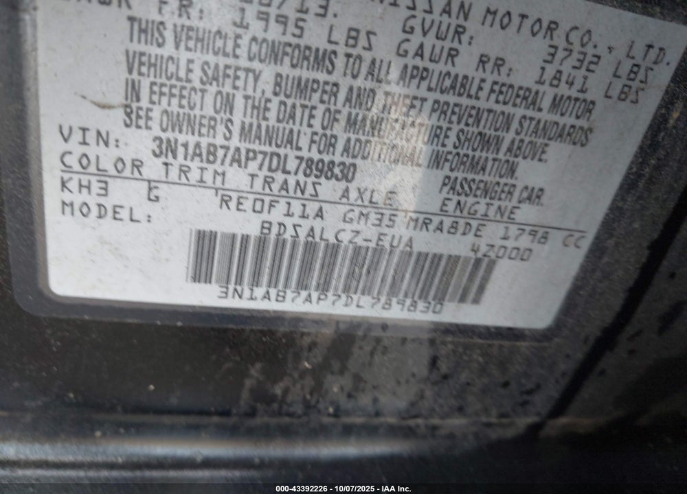 2013 NISSAN SENTRA VIN: 3N1AB7AP7DL789830