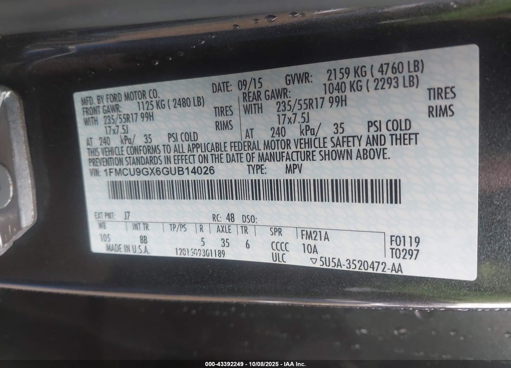 2016 FORD ESCAPE SE VIN: 1FMCU9GX6GUB14026