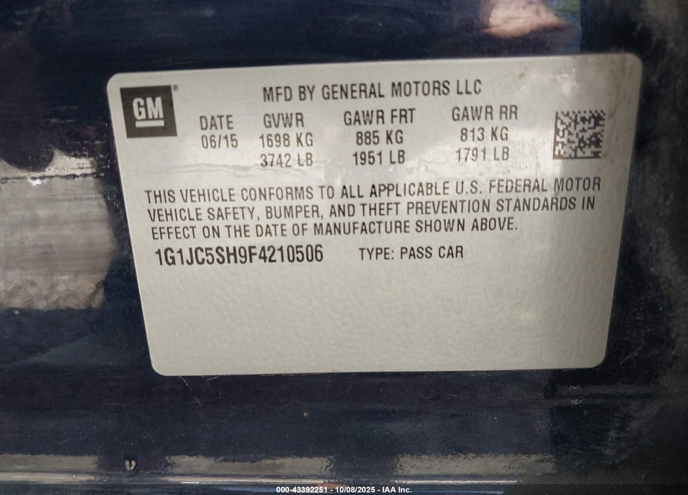 2015 CHEVROLET SONIC VIN: 1G1JC5SH9F4210506