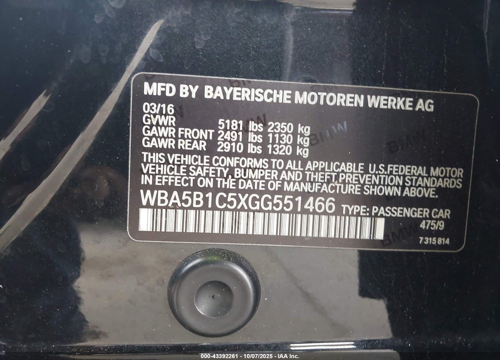 2016 BMW 5 SERIES VIN: WBA5B1C5XGG551466