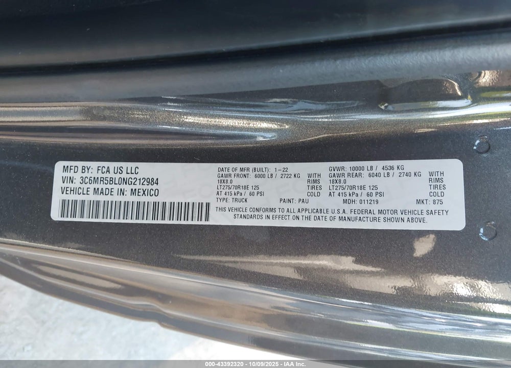 2022 RAM 2500 BIG HORN 4X4 8' BOX VIN: 3C6MR5BL0NG212984