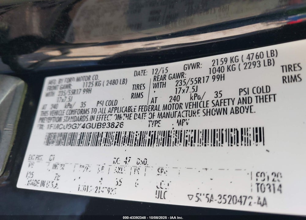 2016 FORD ESCAPE SE VIN: 1FMCU9GX4GUB93826