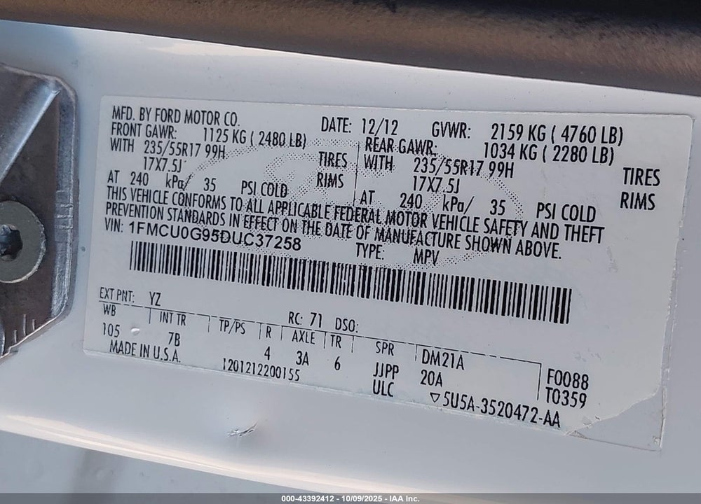 2013 FORD ESCAPE SE VIN: 1FMCU0G95DUC37258