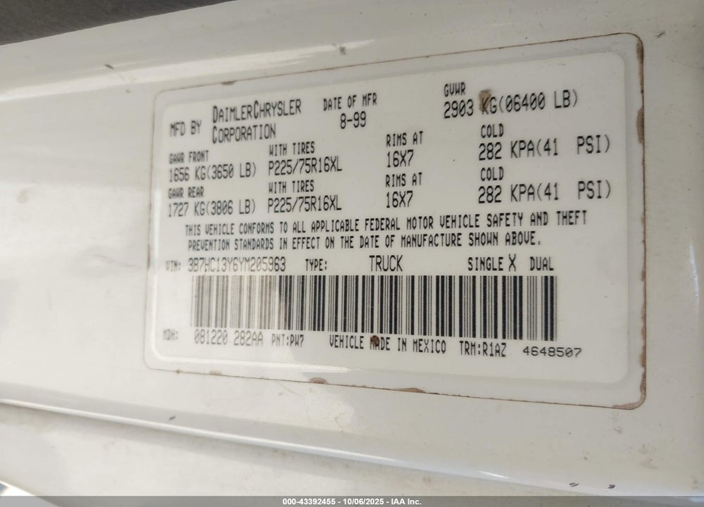 2000 DODGE RAM 1500 ST VIN: 3B7HC13Y6YM205963