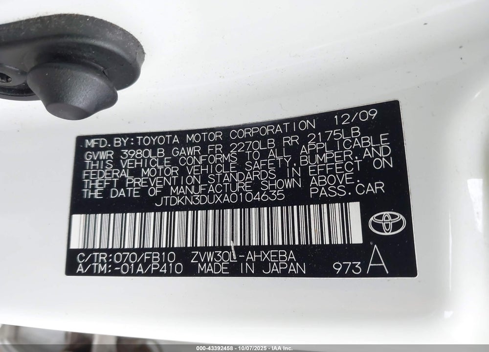 2010 TOYOTA PRIUS II VIN: JTDKN3DUXA0104635