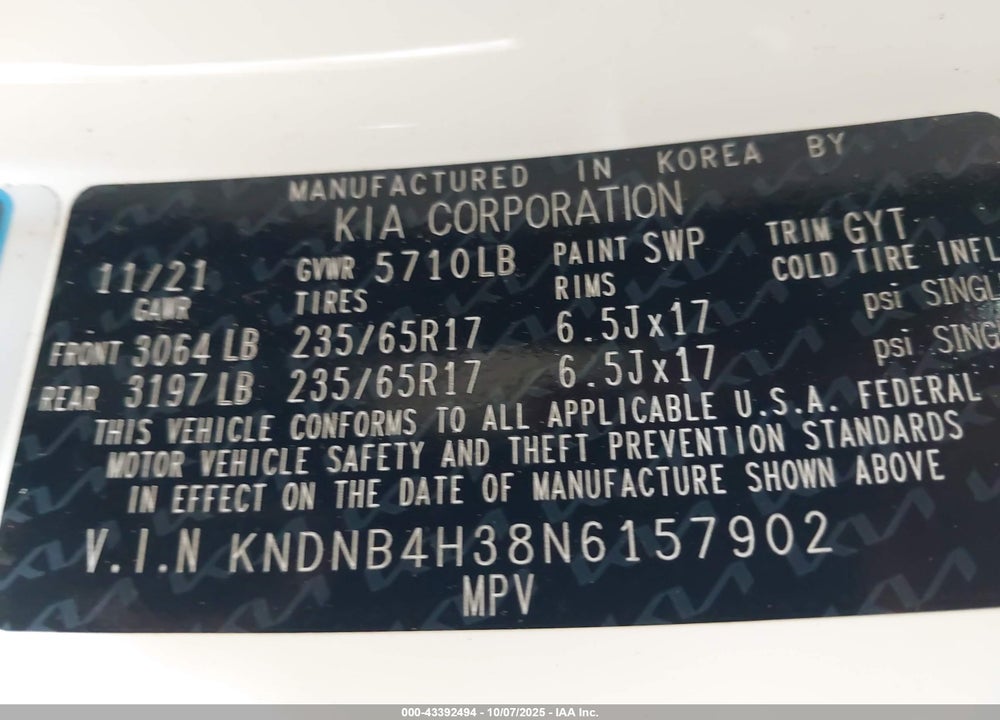 2022 KIA CARNIVAL MPV LX SEAT PACKAGE VIN: KNDNB4H38N6157902