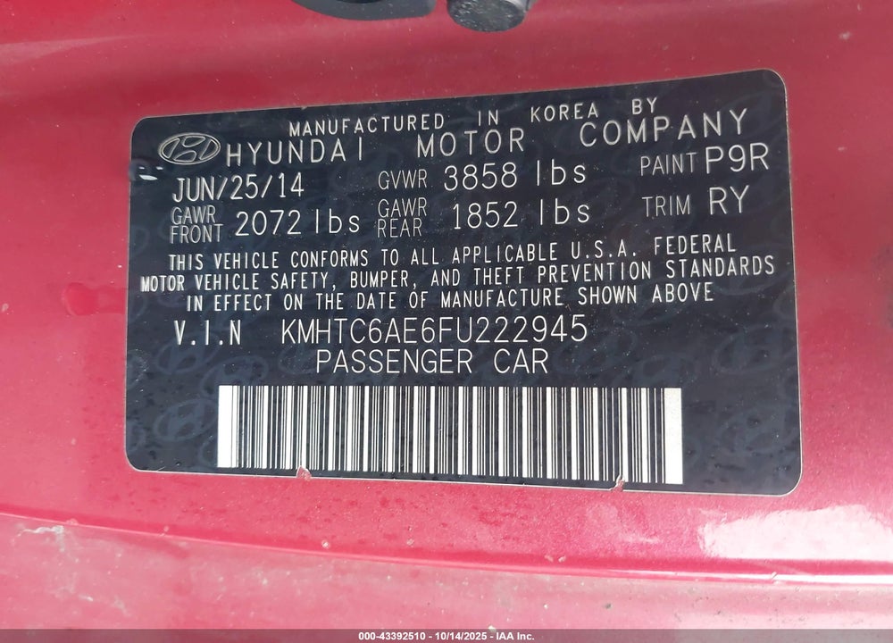2015 HYUNDAI VELOSTER TURBO VIN: KMHTC6AE6FU222945
