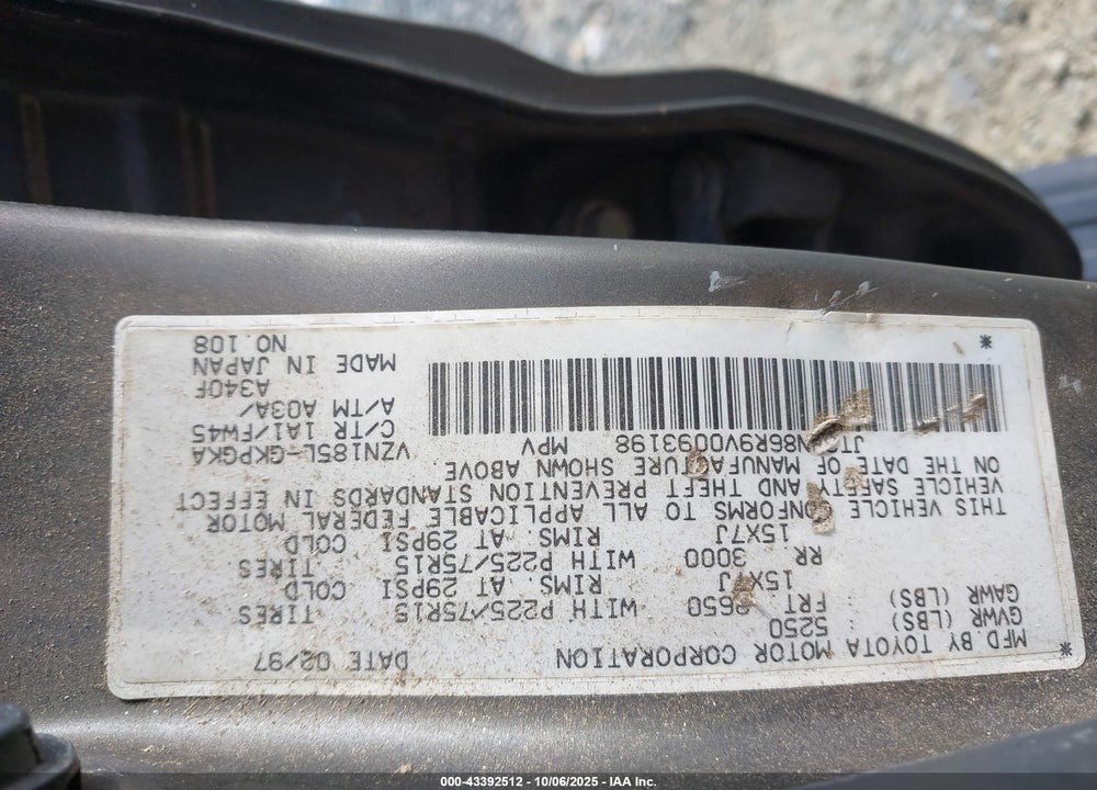 1997 TOYOTA 4RUNNER SR5 V6 VIN: JT3HN86R9V0093198