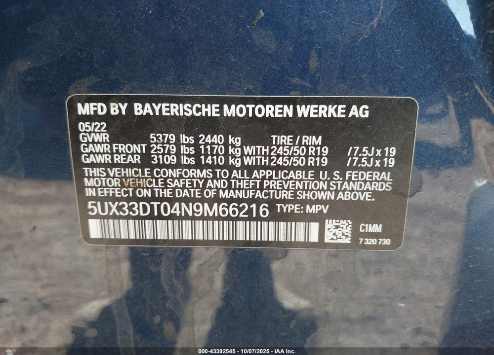 2022 BMW X4 XDRIVE30I VIN: 5UX33DT04N9M66216