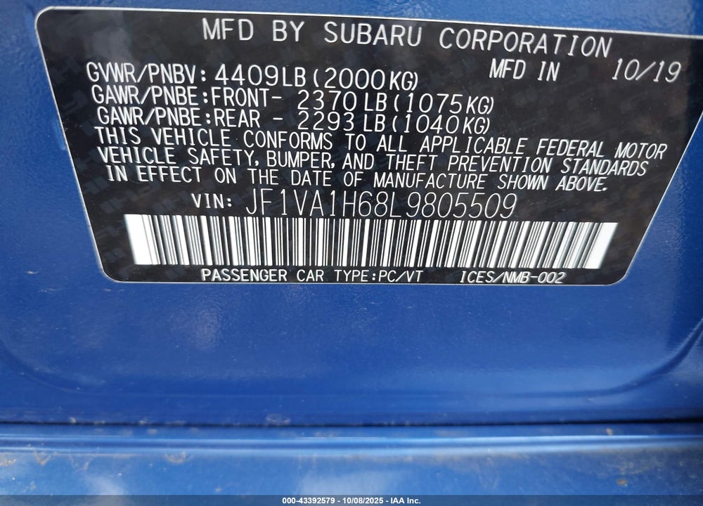 2020 SUBARU WRX LIMITED VIN: JF1VA1H68L9805509
