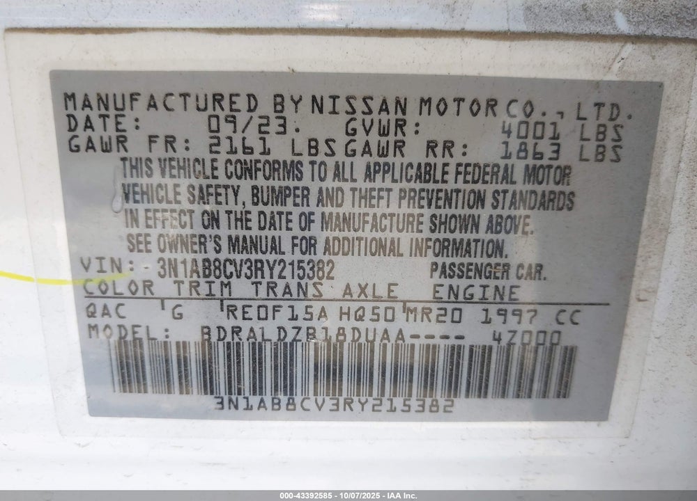 2024 NISSAN SENTRA VIN: 3N1AB8CV3RY215382