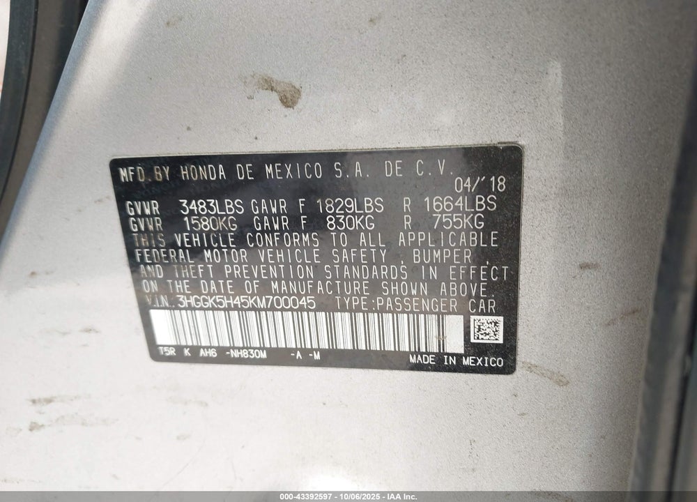 2019 HONDA FIT LX VIN: 3HGGK5H45KM700045
