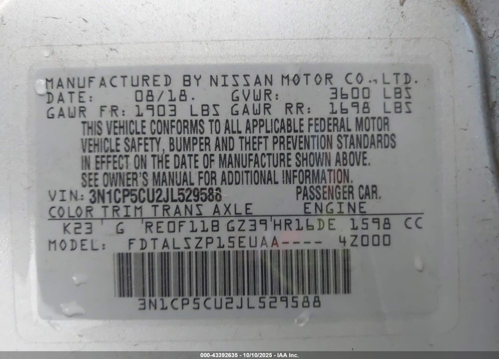 2018 NISSAN KICKS SV VIN: 3N1CP5CU2JL529588