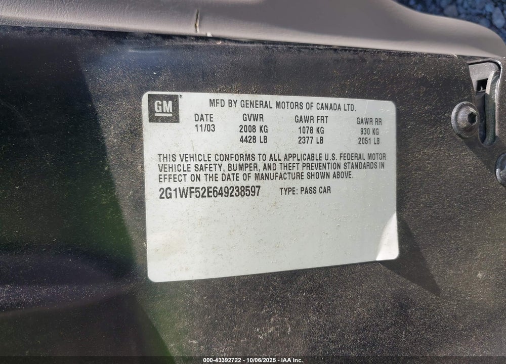2004 CHEVROLET IMPALA VIN: 2G1WF52E649238597