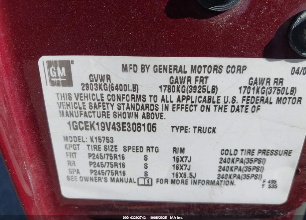 2003 CHEVROLET SILVERADO 1500 LS VIN: 1GCEK19V43E308106
