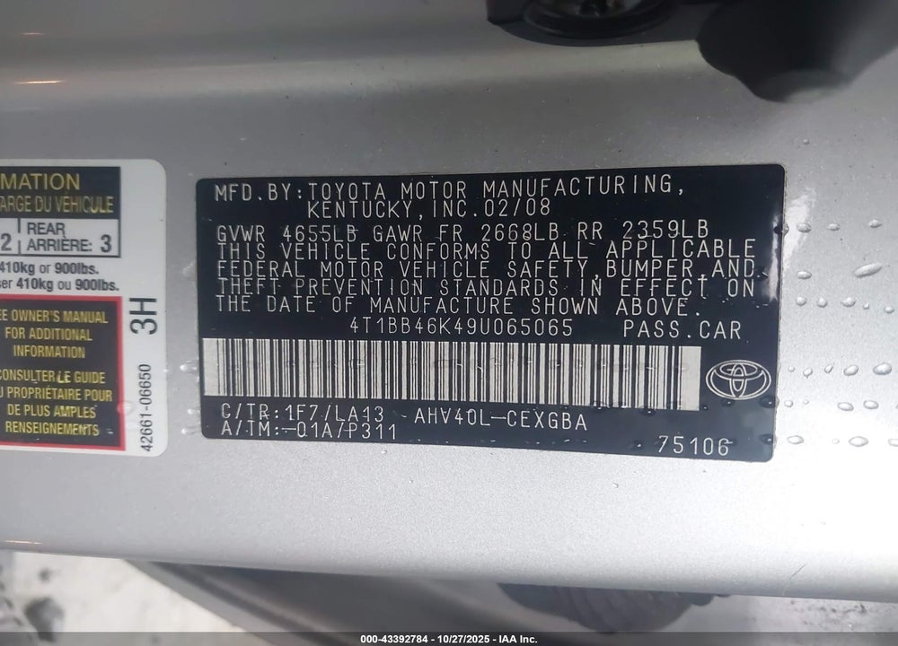 2009 TOYOTA CAMRY HYBRID VIN: 4T1BB46K49U065065
