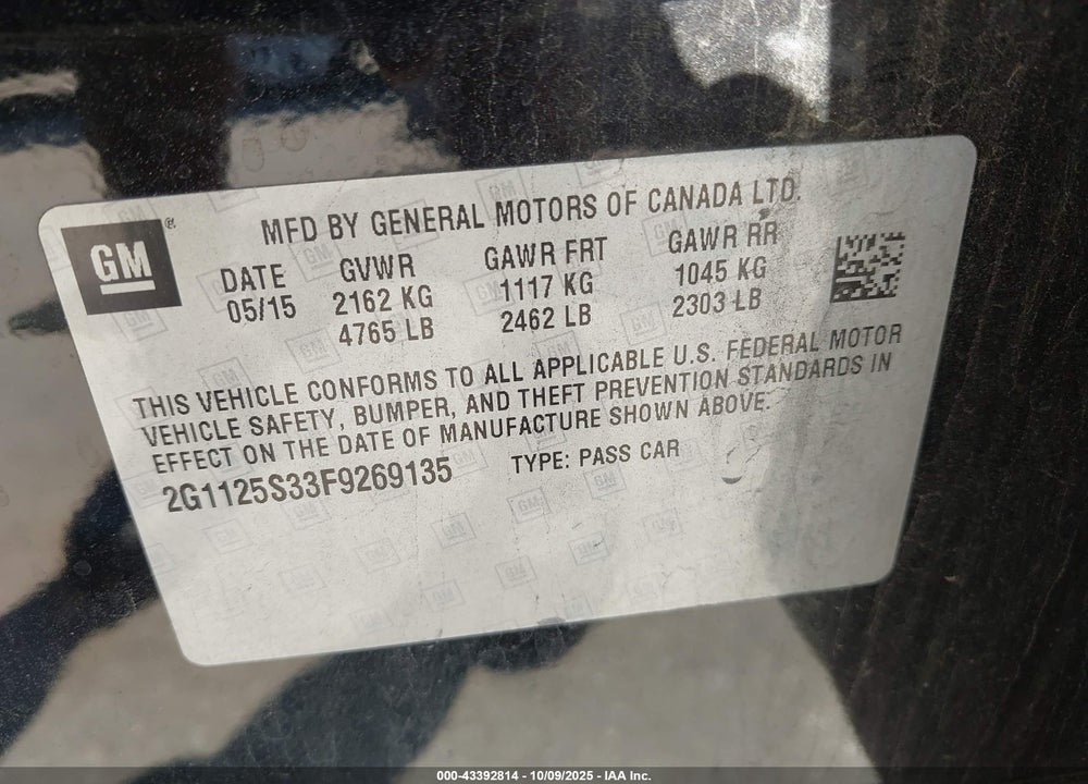 2015 CHEVROLET IMPALA 2LT VIN: 2G1125S33F9269135