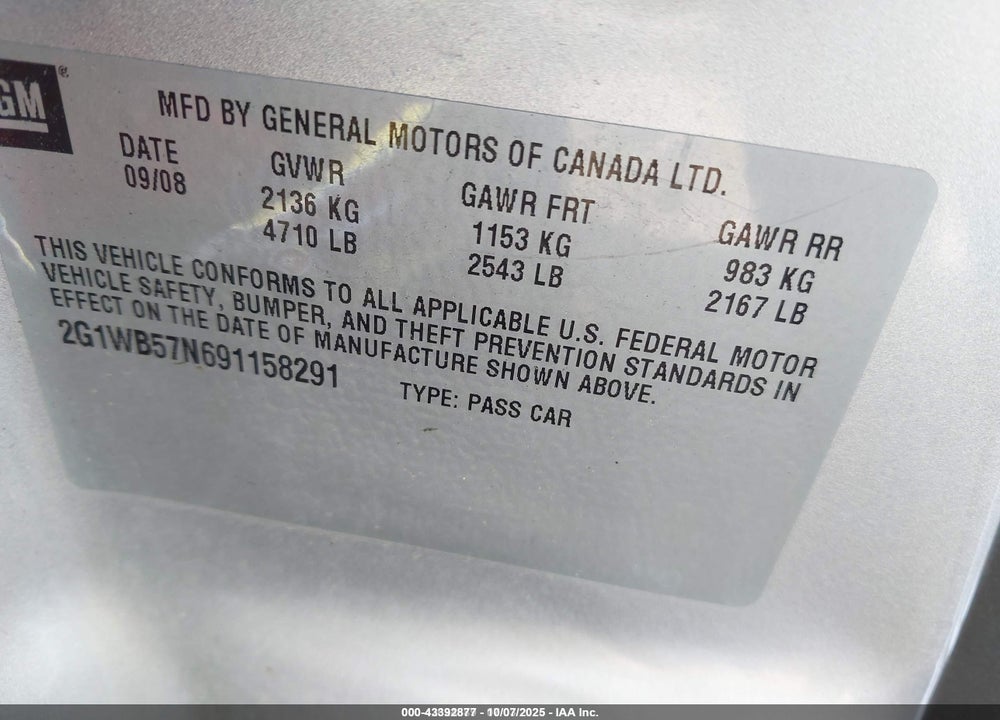 2009 CHEVROLET IMPALA LS VIN: 2G1WB57N691158291