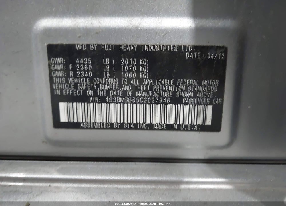 2012 SUBARU LEGACY VIN: 4S3BMBB65C3037946