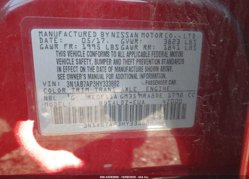 2017 NISSAN SENTRA VIN: 3N1AB7AP3HY333882