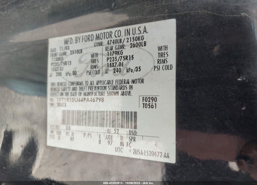 2004 FORD RANGER EDGE/XL/XLT VIN: 1FTYR10U44PA46798