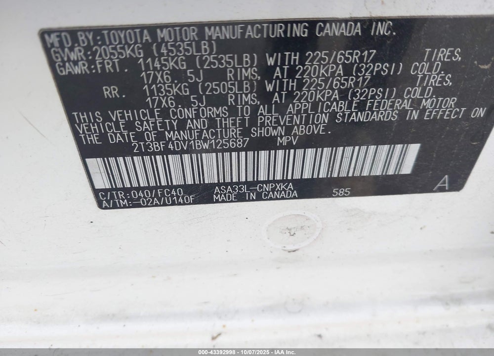 2011 TOYOTA RAV4 VIN: 2T3BF4DV1BW125687