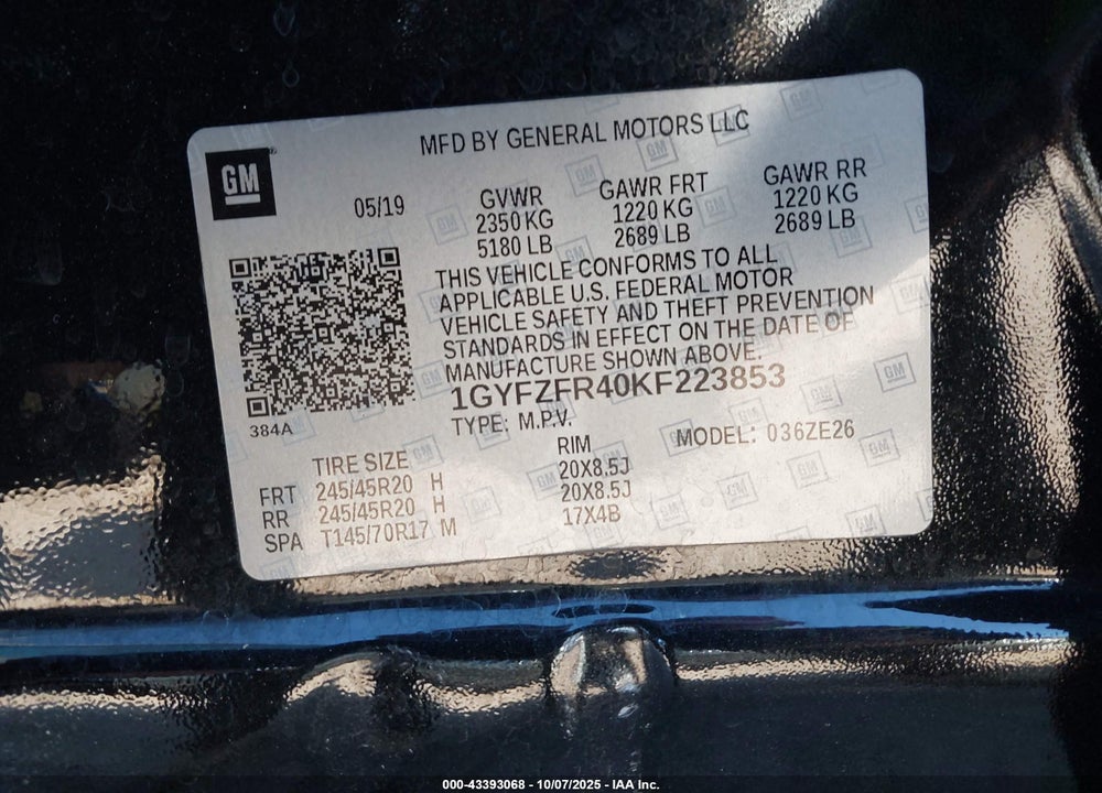 2019 CADILLAC XT4 SPORT VIN: 1GYFZFR40KF223853