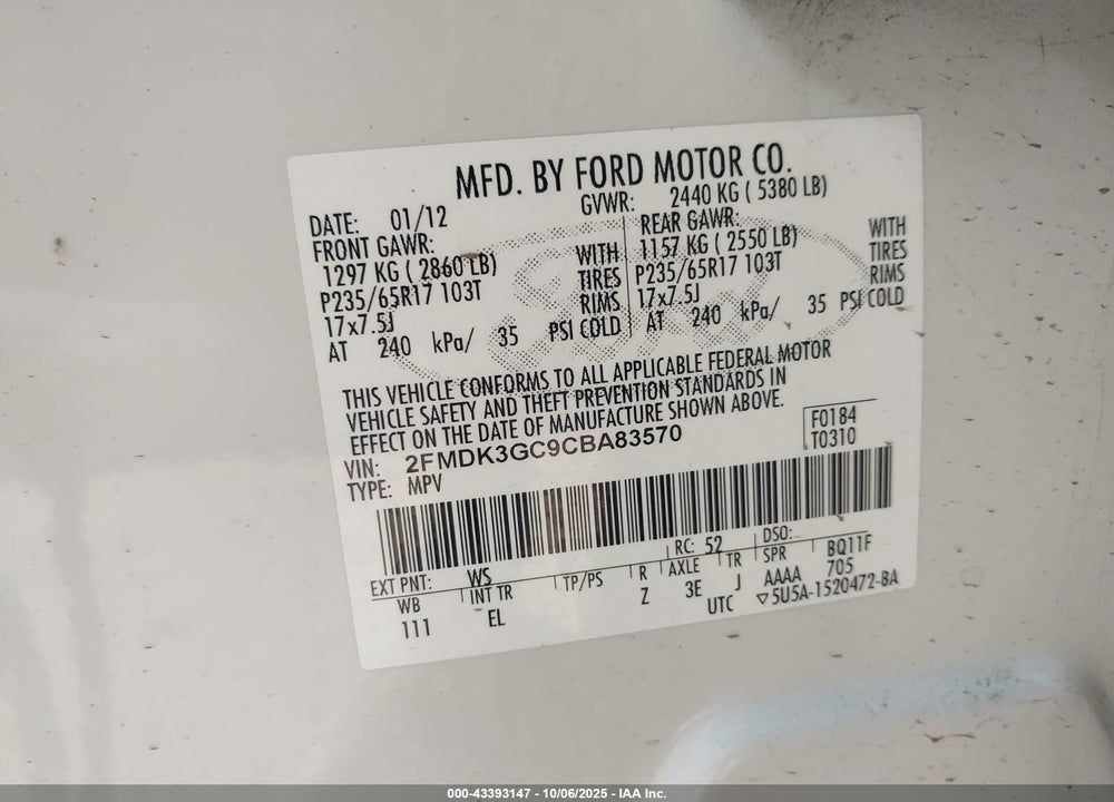 2012 FORD EDGE VIN: 2FMDK3GC9CBA83570