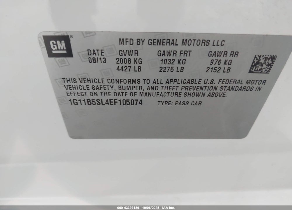 2014 CHEVROLET MALIBU VIN: 1G11B5SL4EF105074