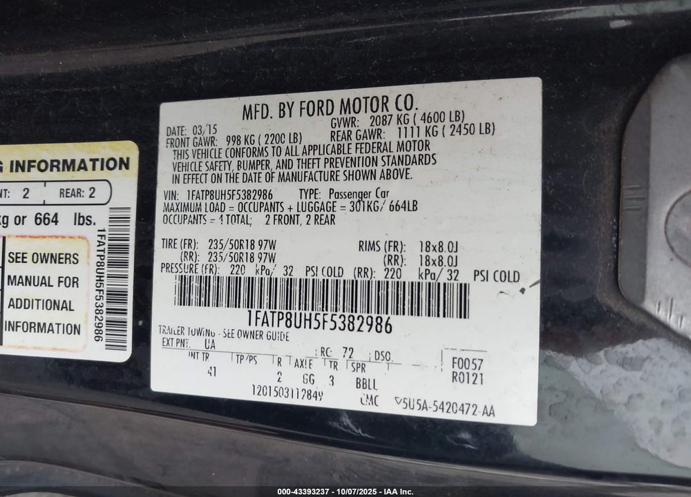 2015 FORD MUSTANG ECOBOOST PREMIUM VIN: 1FATP8UH5F5382986
