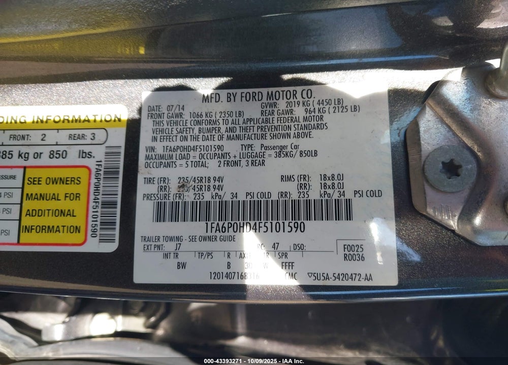 2015 FORD FUSION VIN: 1FA6P0HD4F5101590