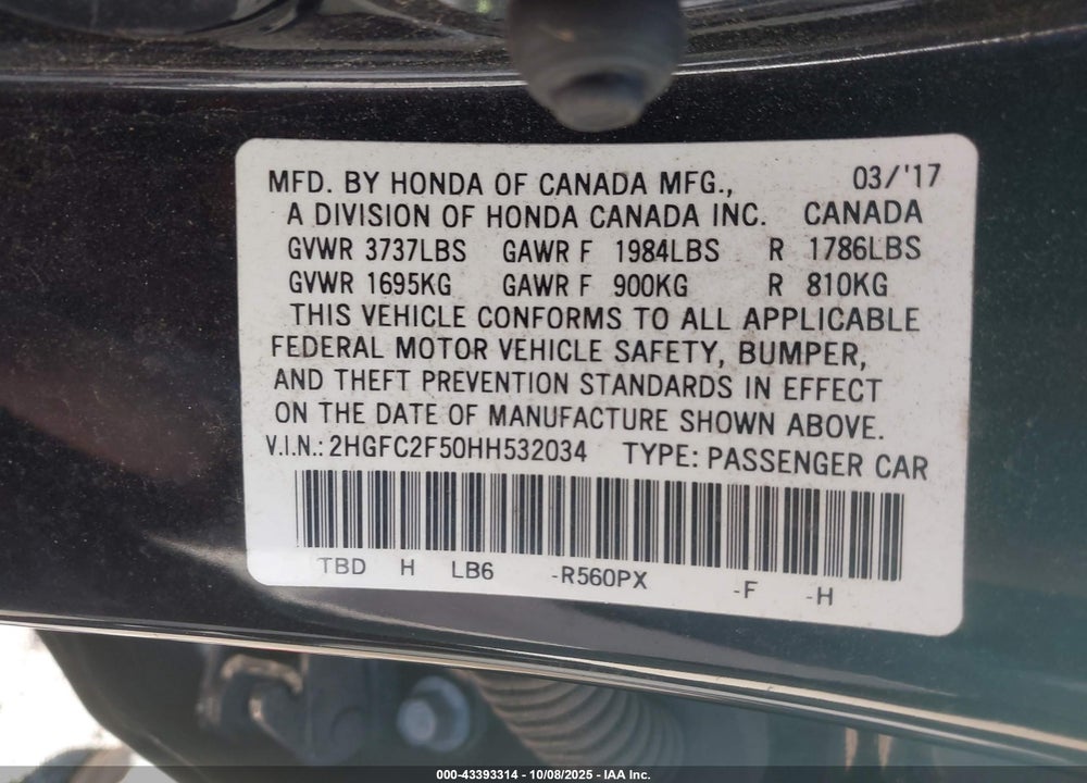2017 HONDA CIVIC LX VIN: 2HGFC2F50HH532034