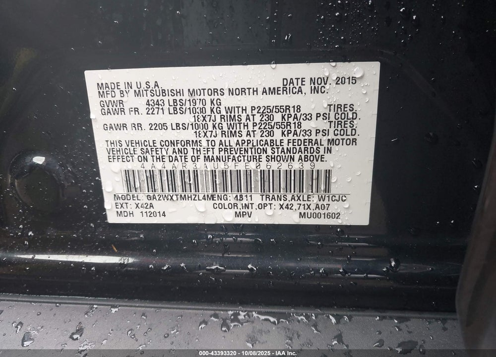 2015 MITSUBISHI OUTLANDER SPORT VIN: 4A4AR3AU5FE062639