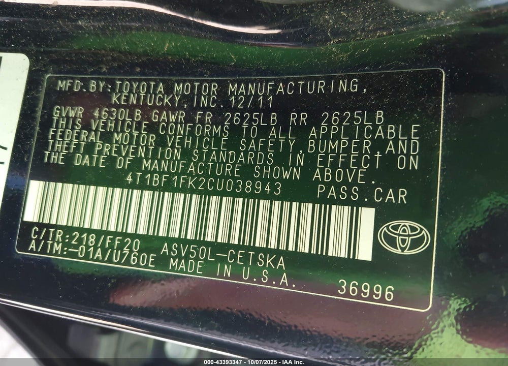 2012 TOYOTA CAMRY VIN: 4T1BF1FK2CU038943