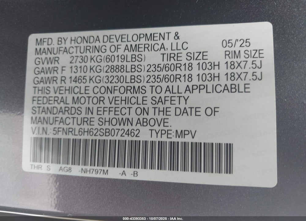 2025 HONDA ODYSSEY EX-L VIN: 5FNRL6H62SB072462