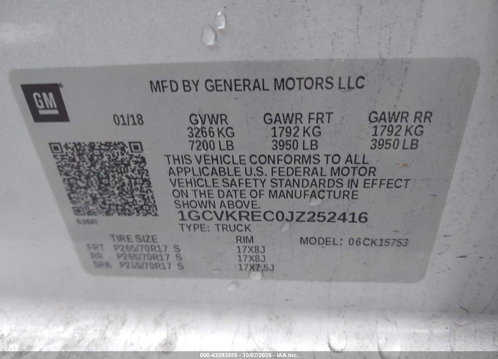 2018 CHEVROLET SILVERADO 1500 1LT VIN: 1GCVKREC0JZ252416