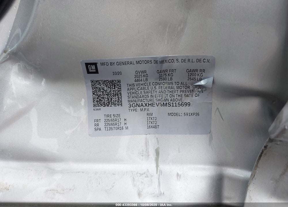 2021 CHEVROLET EQUINOX FWD LS VIN: 3GNAXHEV5MS115699