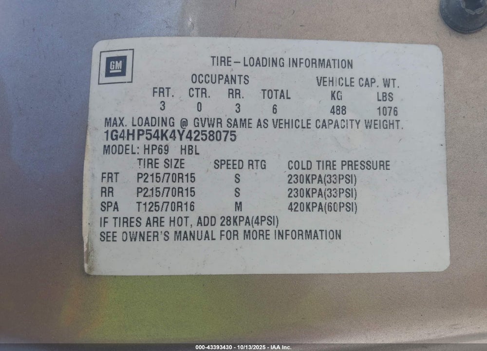 2000 BUICK LESABRE CUSTOM VIN: 1G4HP54K4Y4258075