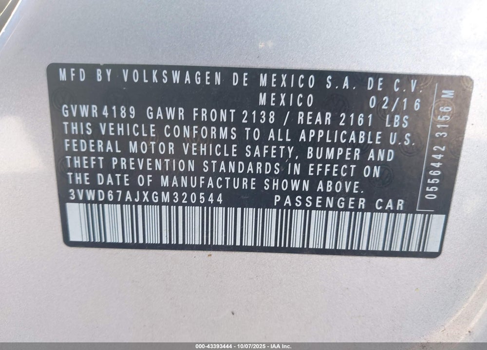 2016 VOLKSWAGEN JETTA VIN: 3VWD67AJXGM320544