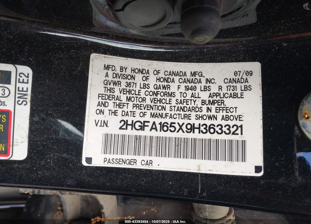 2009 HONDA CIVIC VIN: 2HGFA165X9H363321