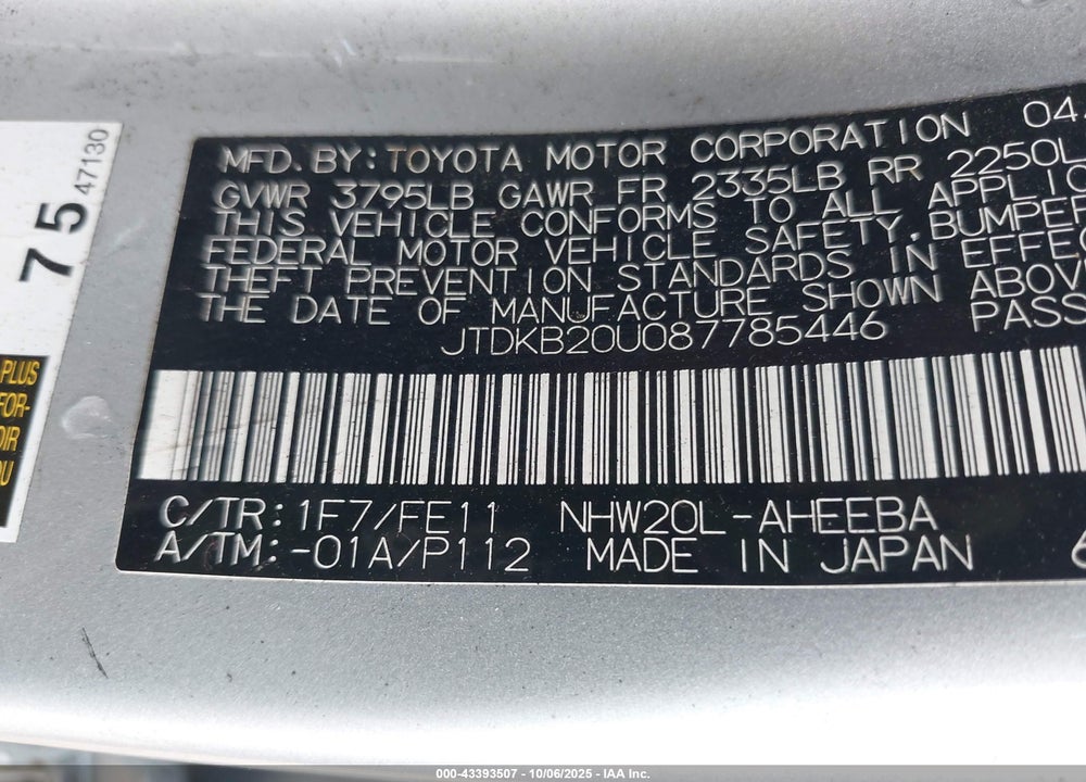 2008 TOYOTA PRIUS VIN: JTDKB20U087785446