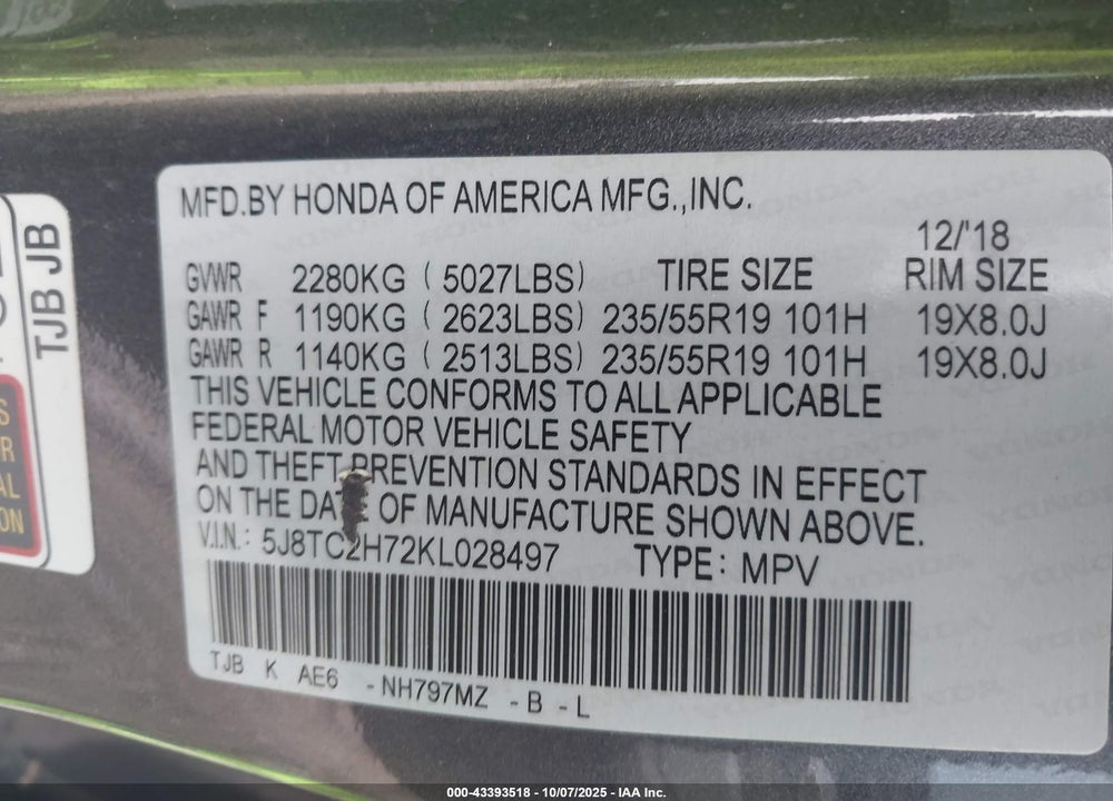 2019 ACURA RDX VIN: 5J8TC2H72KL028497